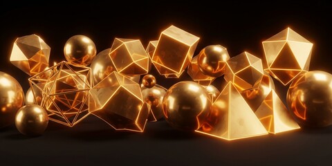 3D Render of Golden Cubes and Spheres Abstract Composition on Black