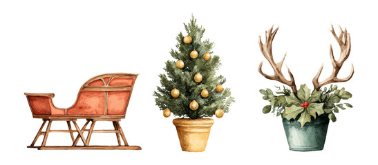 Festive Christmas Items Including Sleigh, Tree, and Antlers