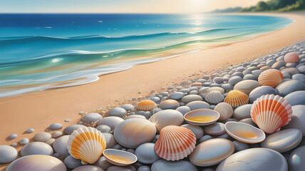 Seashells and pebbles on a sandy beach with gentle waves
