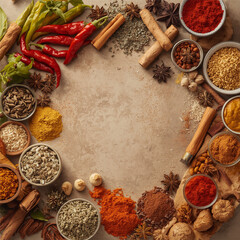 Spices and herbs on wooden background