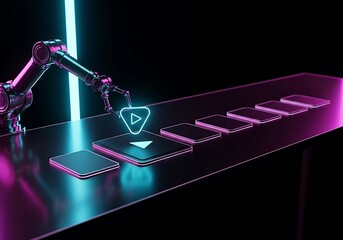 Robotic arm pressing play button with neon lights