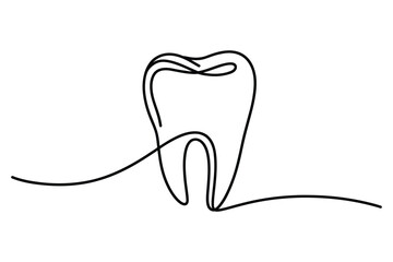 Minimalist single line drawing of a healthy tooth with roots isolated on a white background representing dental care and oral hygiene