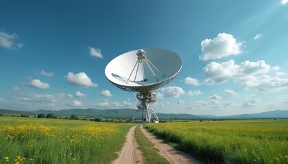 Large satellite dish antenna installed in grassy field with yellow flowers under clear blue sky. Communication technology infrastructure receives signals with fluffy clouds visible in background.