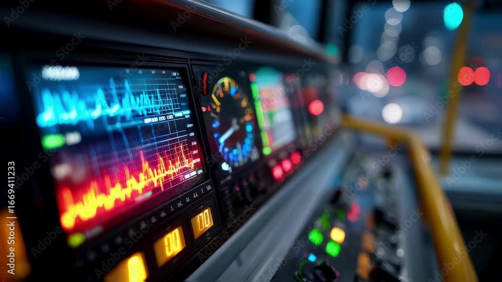 Aufkleber closeup of a digital control panel with a neon ambulance route tracking system the background blurre