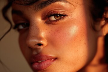 Fototapeta premium Stunning closeup of Latina woman with radiant skin showcasing natural beauty in warm lighting