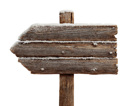 Directional wooden signpost in snowy landscape nature isolated on transparent background