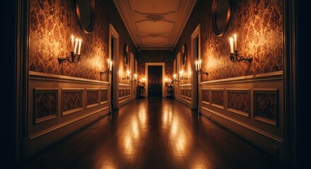 Eerie perspective of a long, dimly lit corridor in a vintage mansion with glowing candle sconces on the walls