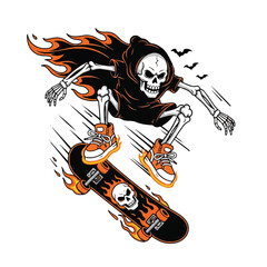 Flaming skeleton skateboarder performs an ollie, skull-adorned board, bats.