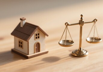 Miniature House with Scales &ndash; Symbol of Property Law, Mortgage Balance, and Real Estate Justice