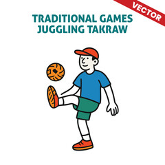 Cute Vector Character of Boy Enjoying Juggling Takraw Game, Kicking Ball with One Leg and Smiling