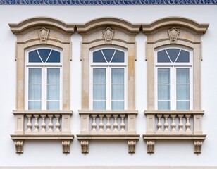 Fototapeta premium Three arched windows with stone balconies
