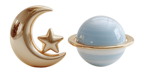 Fototapeta premium Decorative Golden Moon and Star with Blue Planet on Transparent Background