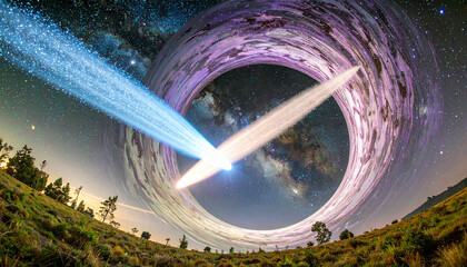 A cosmic black hole surrounded by colorful gas and light swirling in a vibrant galaxy at the edge of the universe
