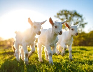 Fototapeta premium Three baby goats frolic on a grassy field