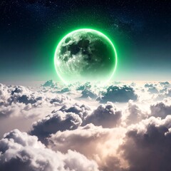 Glowing green moon above clouds