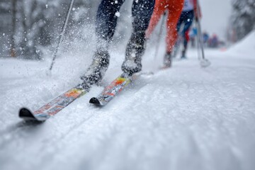 Cross country skiers compete in winter sports event on snowy terrain with falling snowflakes at a scenic location