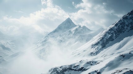 Snowy mountain peaks pierce a cloudy sky.