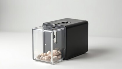 Modern black cube pencil sharpener features clear container for shavings. Minimalist design with steel blade for precise sharpening. Ideal for school, office, art studio. Perfect for students,