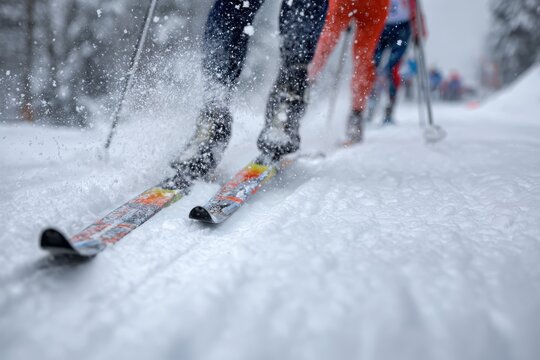 Cross country skiers compete in winter sports event on snowy terrain with falling snowflakes at a scenic location