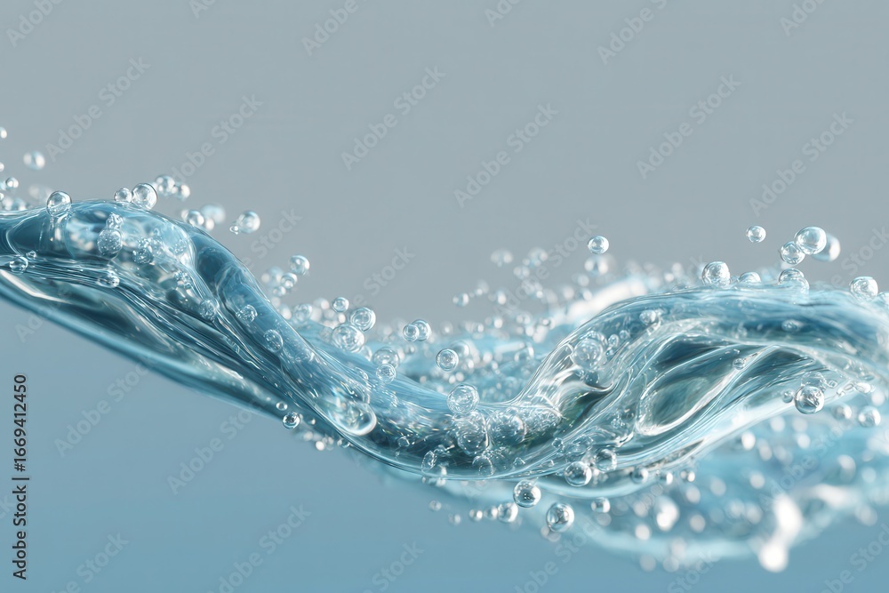 Poster water wave with transparent surface displaying bubbles in motion above a calm blue backdrop during d