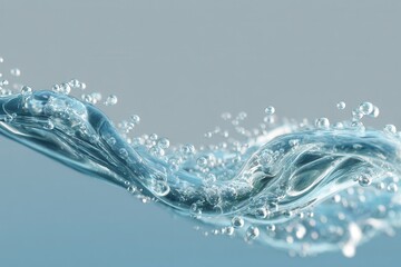 Water wave with transparent surface displaying bubbles in motion above a calm blue backdrop during daylight hours