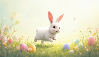 Obraz premium A vibrant Easter egg field with blooming flowers, bathed in soft morning light. Gentle dew sparkles on the grass, creating a realistic and cheerful springtime scene perfect for Easter greetings, seaso