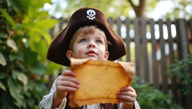 Little boy dressed as pirate holds treasure map in backyard. Adorable child, caucasian kindergartner, wears pirate hat with skull, reads old parchment scroll in green garden during sunny summer day.