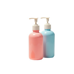Two pastel-colored bottles, one light pink and one light blue, with white pump dispensers, are presented against a pure black background.