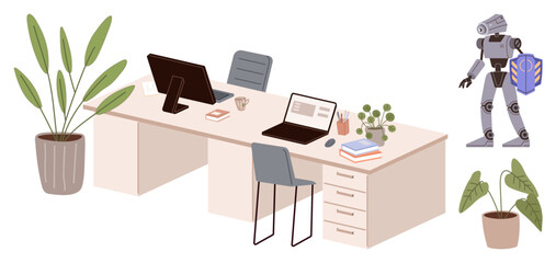 Fototapeta premium Desktop setups with laptops, desk plants, chairs, and a robot assistant evoke innovation, modern work culture, and sustainability. Ideal for technology, teamwork, AI remote work collaboration
