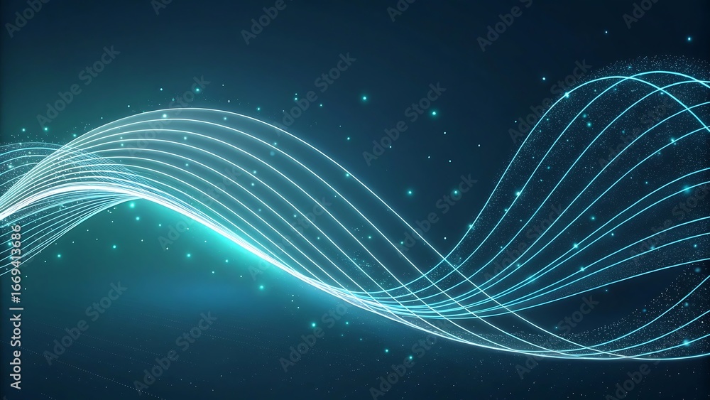 Poster abstract glowing blue wavy lines with sparkling particles on a dark background, representing data fl
