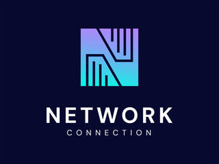 Network Connection with overlapping Letter N lines in square technology Analysis logo vector design concept. Letter N logotype ideas for cyber security, Big data, ui, Advanced Technology, website.