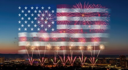 Fireworks Display American Flag Over Cityscape at Dusk