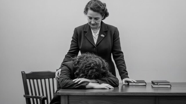 A stern businesswoman looks down at a dejected employee slumped over a desk in a stark office setting, conveying workplace pressure and emotional distress