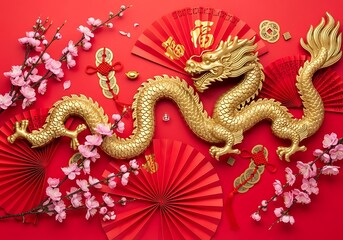 Obraz premium Golden dragon with red fans and cherry blossoms