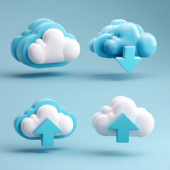 Fototapeta premium Cloud blue white upload download icon technology storage digital data. Cloud icons blue and white showing upload and download concepts modern
