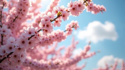Fototapeta premium Cherry blossom trees in full bloom with delicate petals drifting in a gentle breeze. The scene is bathed in cinematic sunlight, evoking a sense of renewal and tranquility, perfect for spring-themed