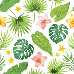 Watercolor tropical leaves and flowers seamless pattern on white background floral