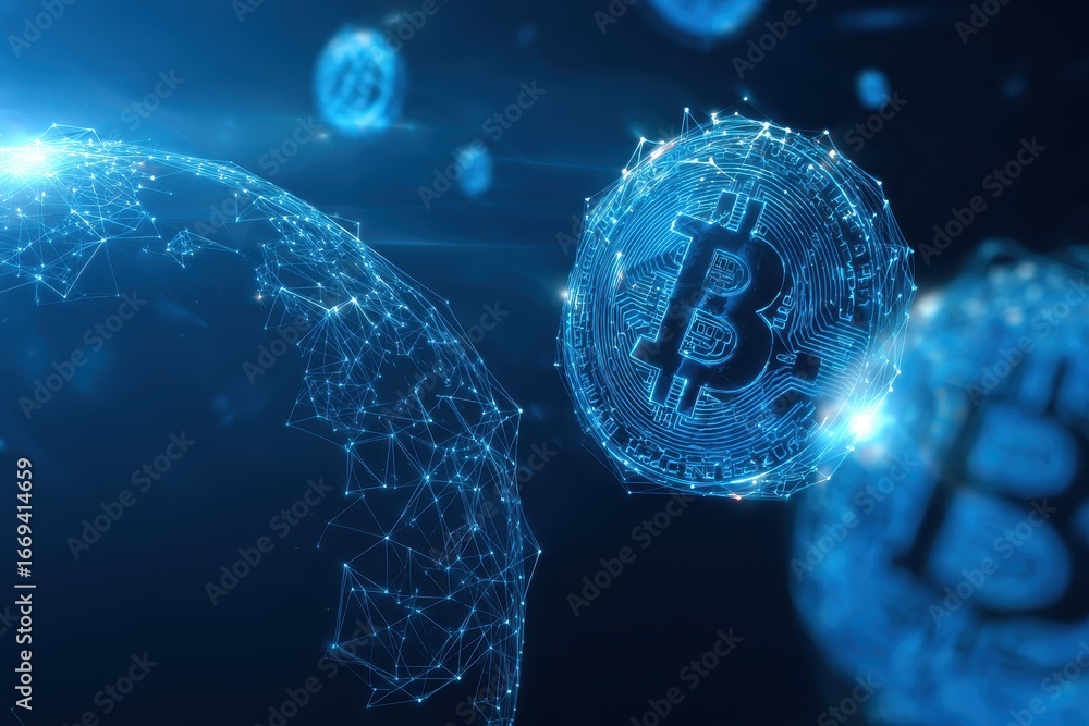 Poster futuristic blockchain technology background showcasing digital currency symbols in interconnected ne