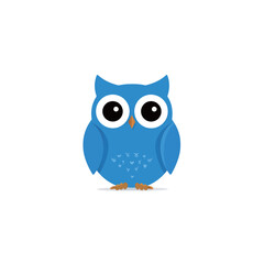This colorful blue cartoon owl features large round eyes and a cheerful expression. It stands centered against a plain white backdrop, showcasing its playful design.