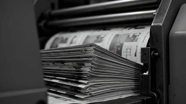 Closeup of a printing press machine producing stacks of newspapers, highlighting the process of mass media production and information dissemination