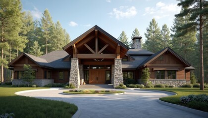 Modern rustic lodge architecture features wood, stone exterior, nestled in wooded setting. Large home impressive entrance with timber beams, stone columns, surrounded by mature trees, manicured