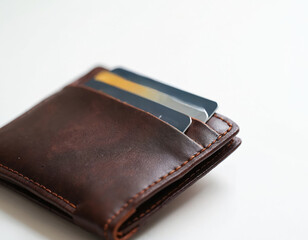 Brown leather wallet with credit card slots. This billfold organizes personal finance accessories. Durable accessory for shopping or a gift idea. Compact design for secure cash and card storage.