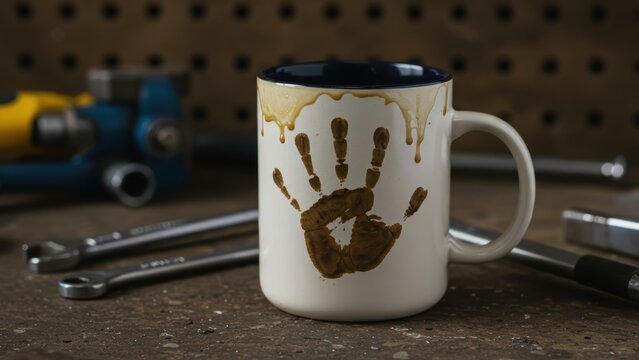 A white coffee mug with a brown handprint stain on it, in a workshop.