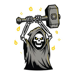 A skeletal figure in a hooded robe, representing the Grim Reaper, menacingly holds a large, heavy hammer aloft, surrounded by glowing embers.
