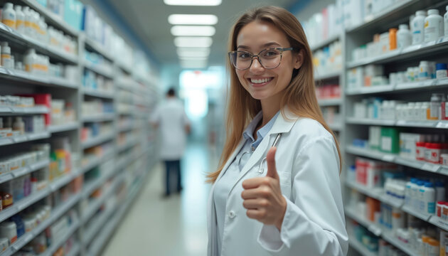 Confident female pharmacist gives thumbs up in modern pharmacy aisle. Smiles warmly, wearing glasses, lab coat, stethoscope. Shelves stocked with medicines, health products fill background, - Powered by Adobe