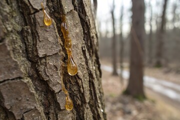 Fototapeta premium sap droplet stream down tree bark