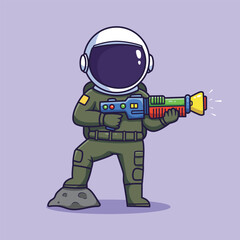 cute Astronaut with Toy Laser Gun on Lilac Background . vector illustration