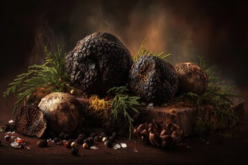Obraz premium Delicious black summer truffle mushrooms displayed on a rustic wooden surface surrounded by herbs and spices, creating a rich culinary ambiance