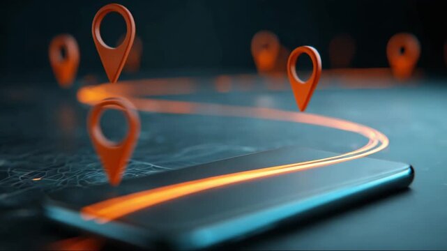 Smartphone displaying navigation route with location pins in 3D  