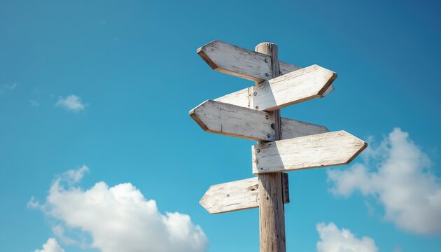 Wooden directional signs point in multiple directions against clear blue sky with white clouds. Image choices, decisions, planning future paths. Represents guidance, opportunity for life journeys,